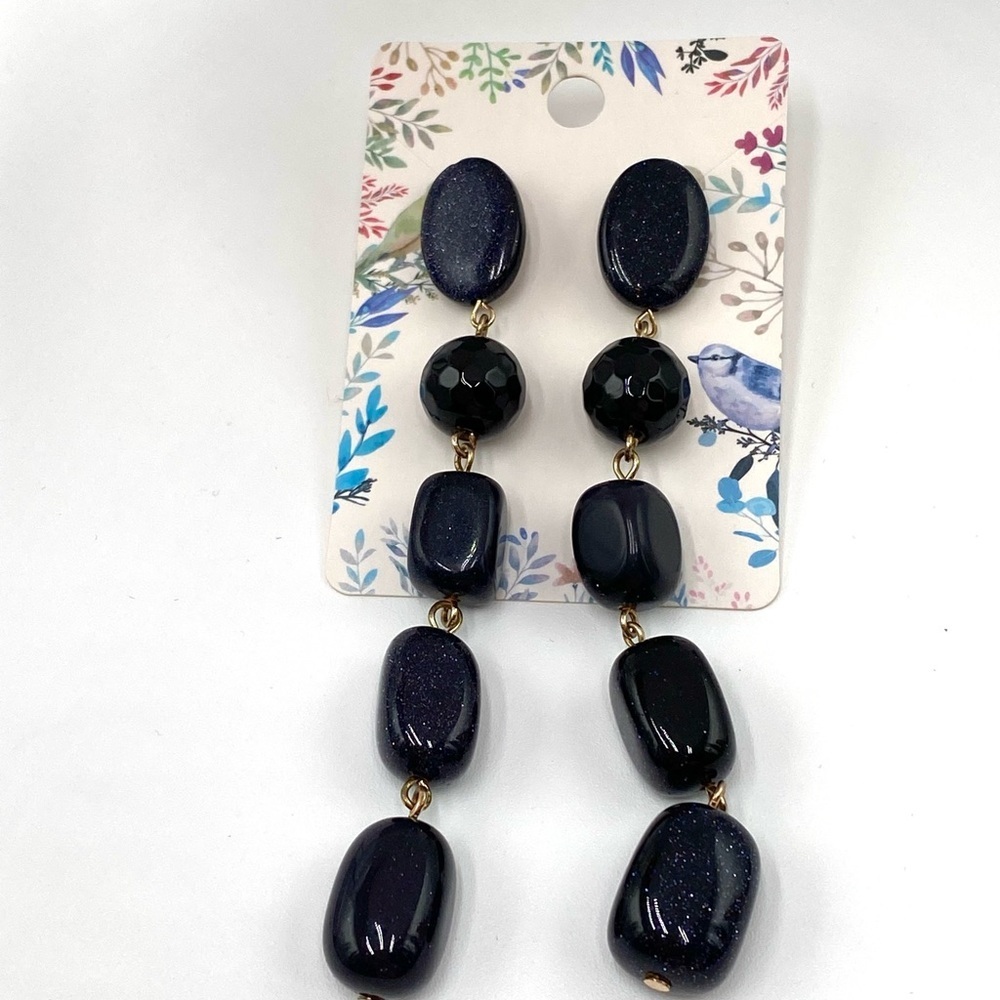 Earrings Artisan Stone ? Beaded Dark Navy Gold Specks Heavy 4”
